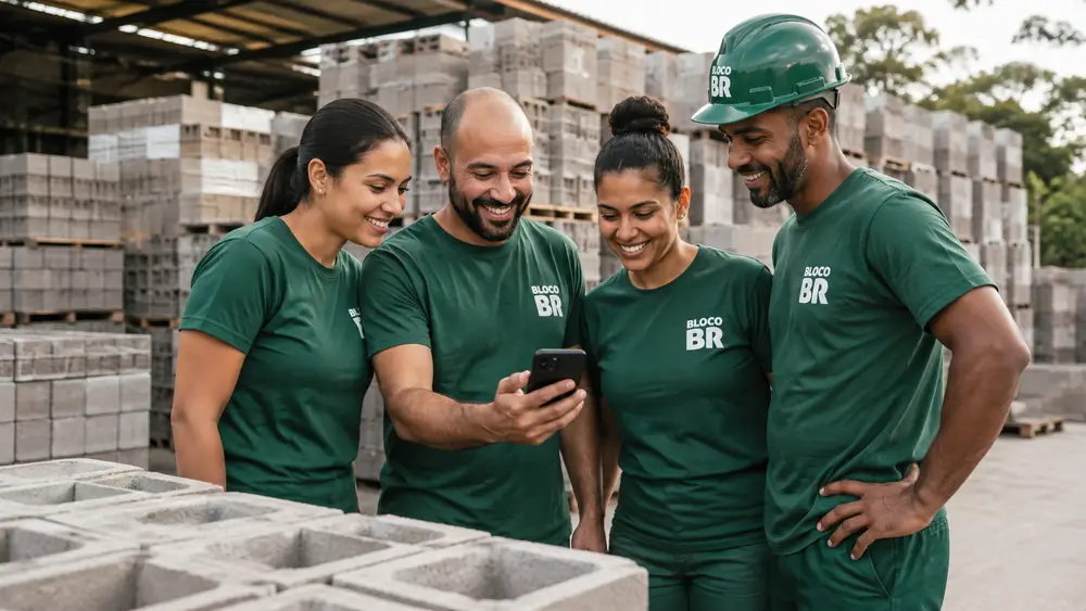 Equipe BLOCO BR olhando o celular no pátio de blocos
