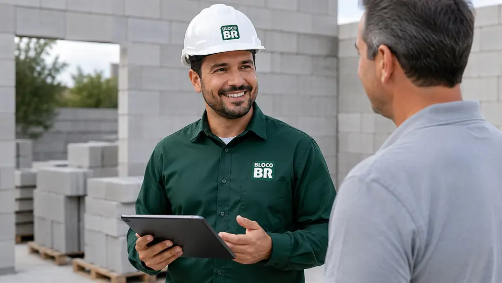 Consultor BLOCO BR conversando com cliente em obra de blocos
