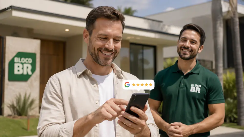 Cliente avaliando a BLOCO BR no celular em frente a casa